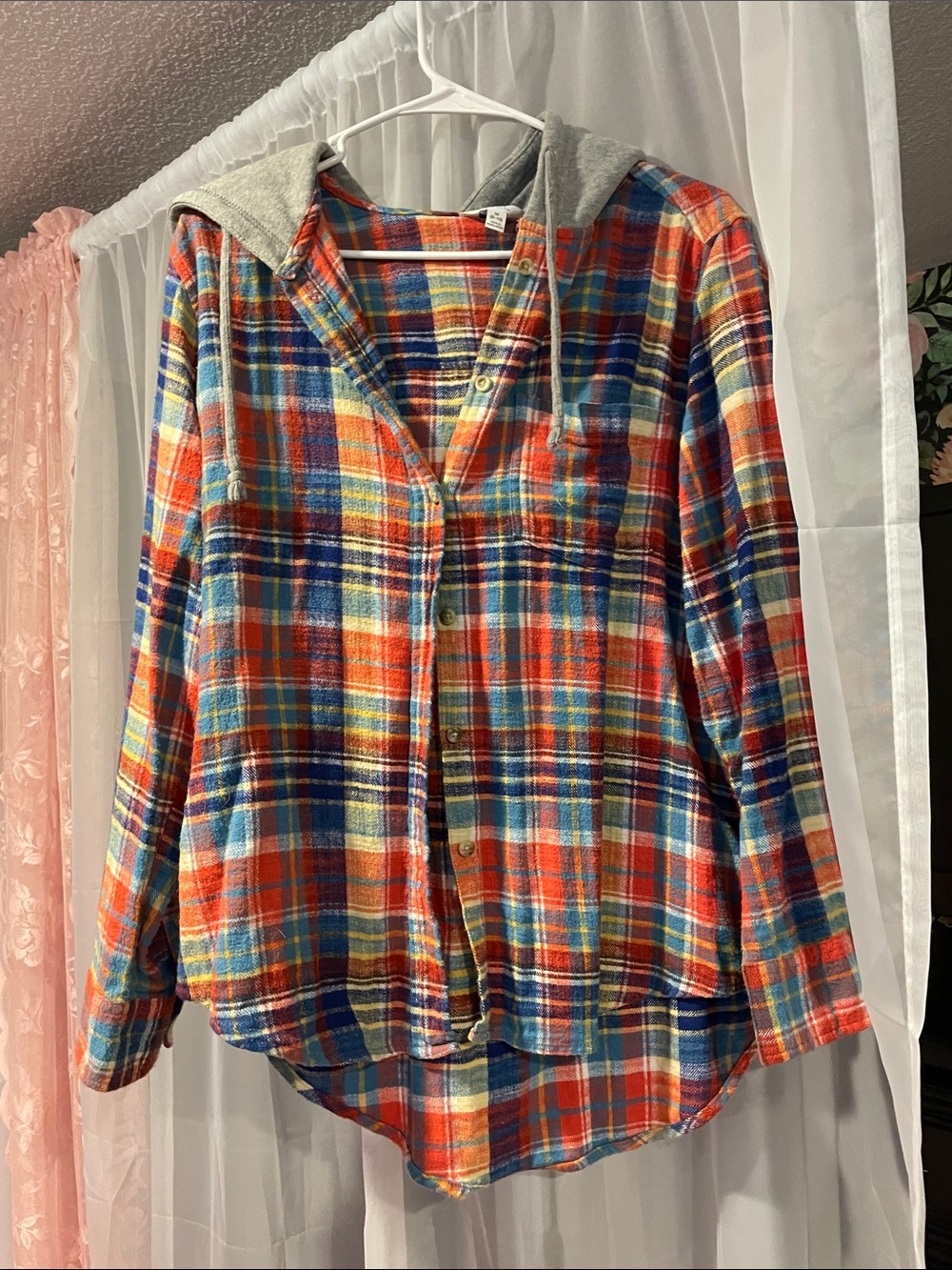 Time and Tru Red Blue Multi Plaid Hooded Flannel Jacket
